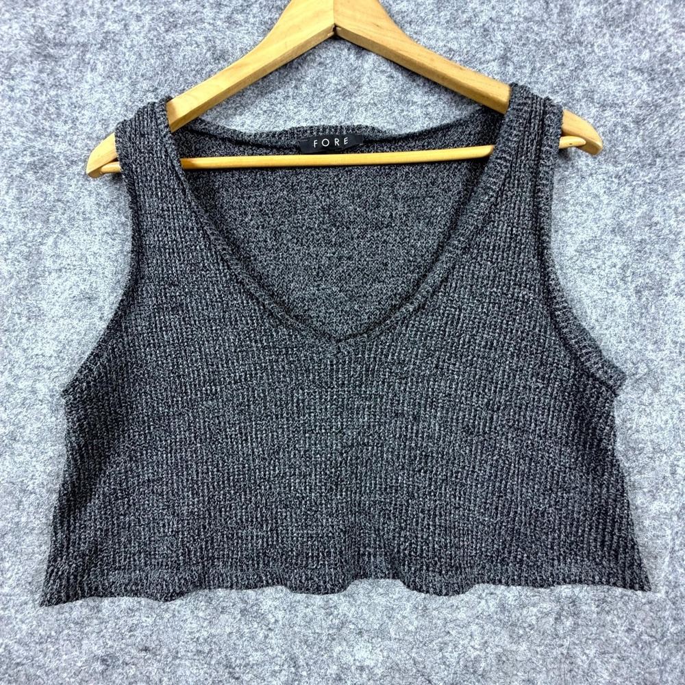 Fore Cropped Tank Top Womens‎ Medium Gray Marled Knit V Neck Casual Pullover